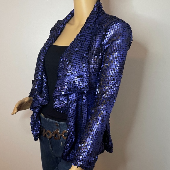 Vintage Jackets & Blazers - Vintage royal blue sequin layered shawl sweater jacket w ruffles in front 👑
